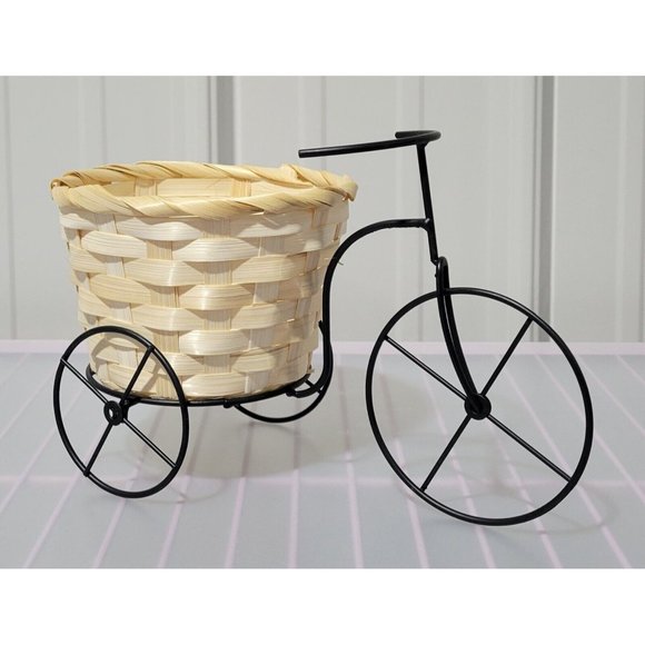 Tricycle Shaped Black Metal Frame & Wicker Basket Home Decor Planter 9" Length - Picture 1 of 9